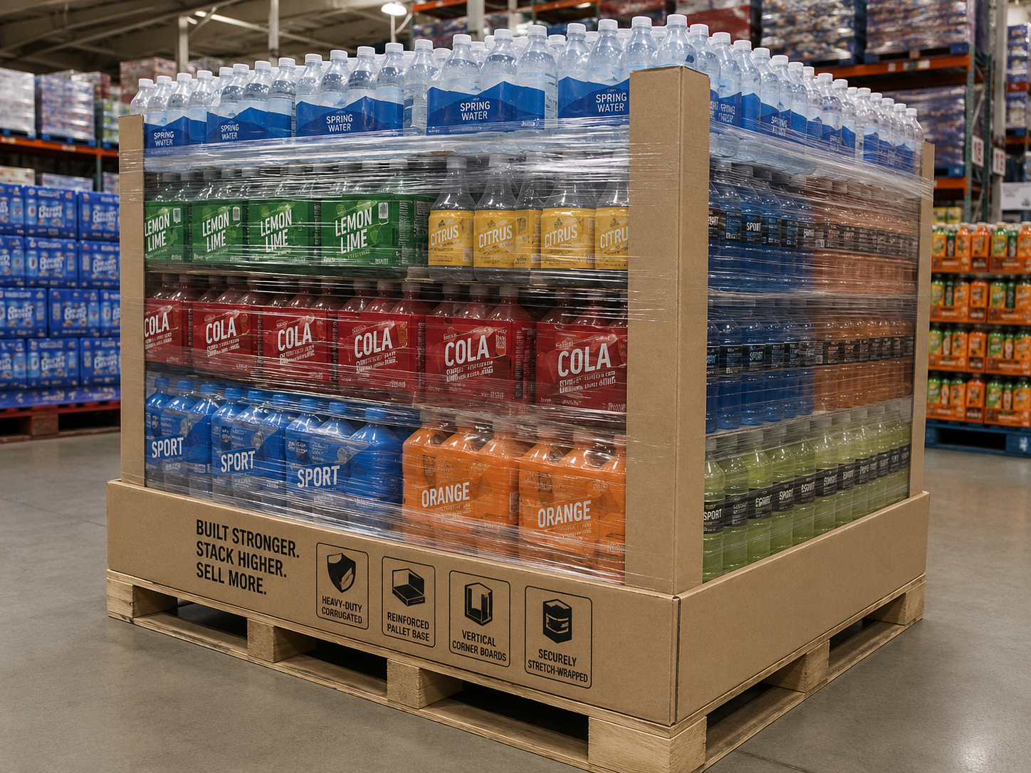 Heavy-duty beverage pallet display on a GMA pallet showing corner boards, reinforced base, and stretch wrap.