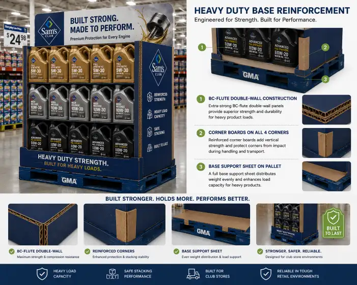 Heavy product pallet display base reinforcement showing BC-flute double-wall construction, corner boards on all four corners, and base support sheet on the GMA pallet.