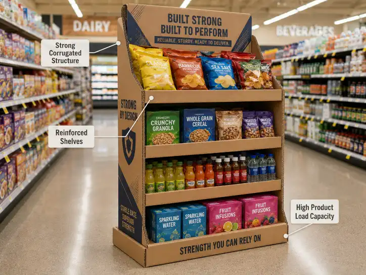 Large corrugated retail floor display in a supermarket aisle showing structural strength and product load capacity
