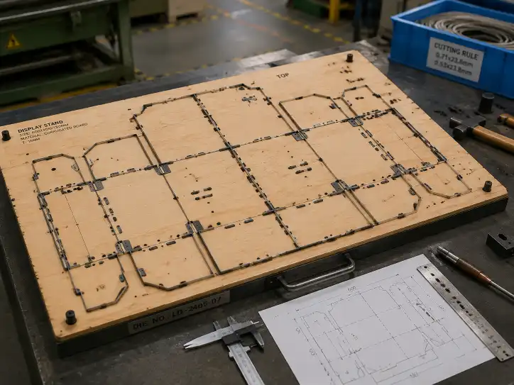 Laser-cut plywood die with steel cutting rules for corrugated display production on a factory workbench