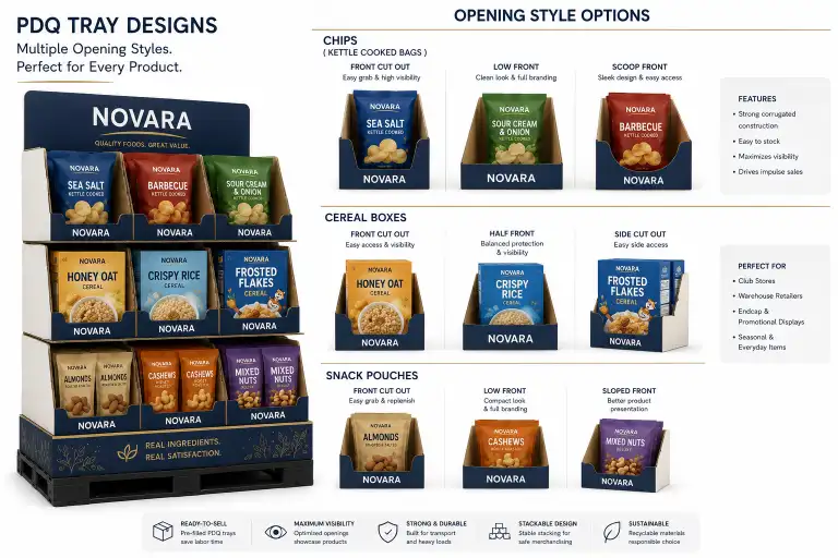 PDQ tray design for food products showing different opening styles for chip bags, cereal boxes, and snack pouches on a Costco pallet display.