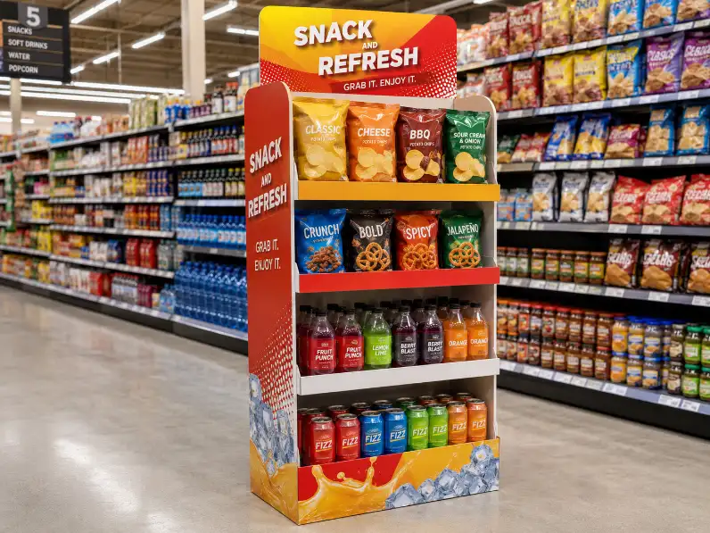 A POP floor display in a supermarket aisle with snacks and beverages.
