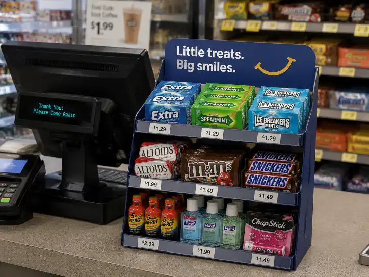 A small POS counter display placed next to a cash register with impulse buy products.