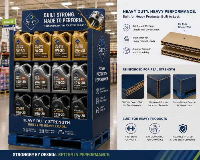 Pallet display for heavy products showing reinforced BC-flute double-wall corrugated construction with heavy product loads in a club store setting.