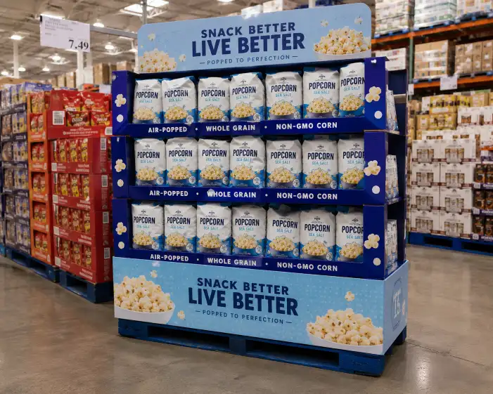 Pallet skirt display in a club store aisle showing a printed corrugated skirt wrapping around the base of a product-loaded pallet display.