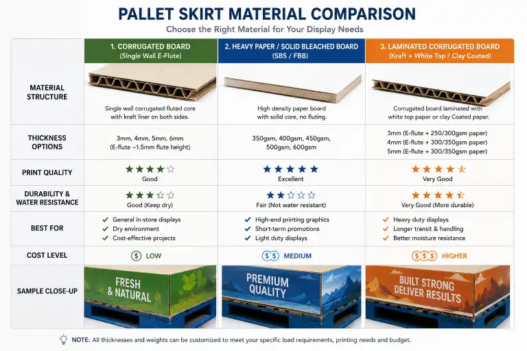 Pallet skirt material comparison showing corrugated board, heavy paper, and laminated corrugated options with thickness and print quality differences.