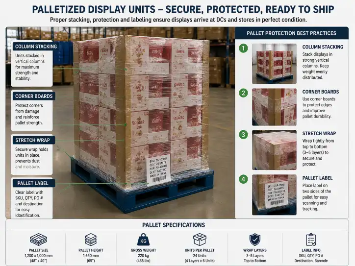 Palletized display units showing column stacking, corner boards, stretch wrap, and pallet label placement