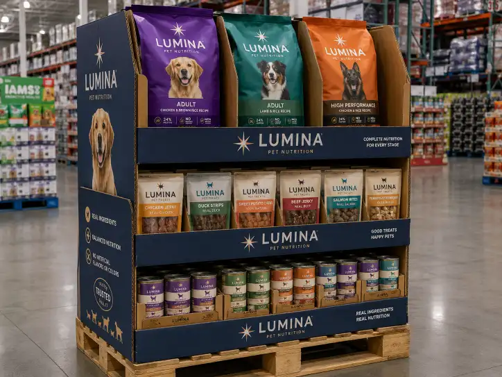Pet product display tray design showing bagged food tray with reinforced dividers, treat PDQ tray, and canned food tray on a club store pallet display.