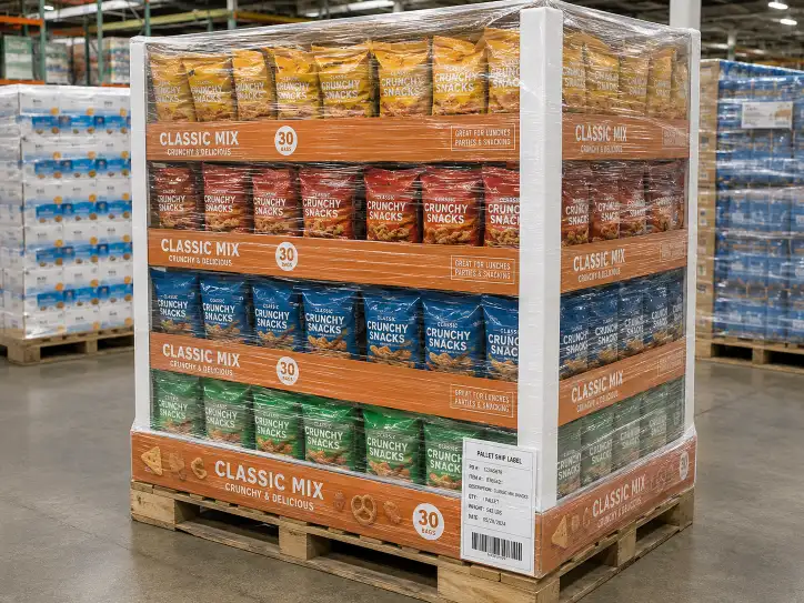 Pre-filled Costco pallet display showing stretch wrap, corner boards, and pallet label placement.
