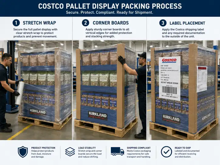 Pre-filled Costco pallet display packing process showing stretch wrap application, corner boards, and label placement on finished units.