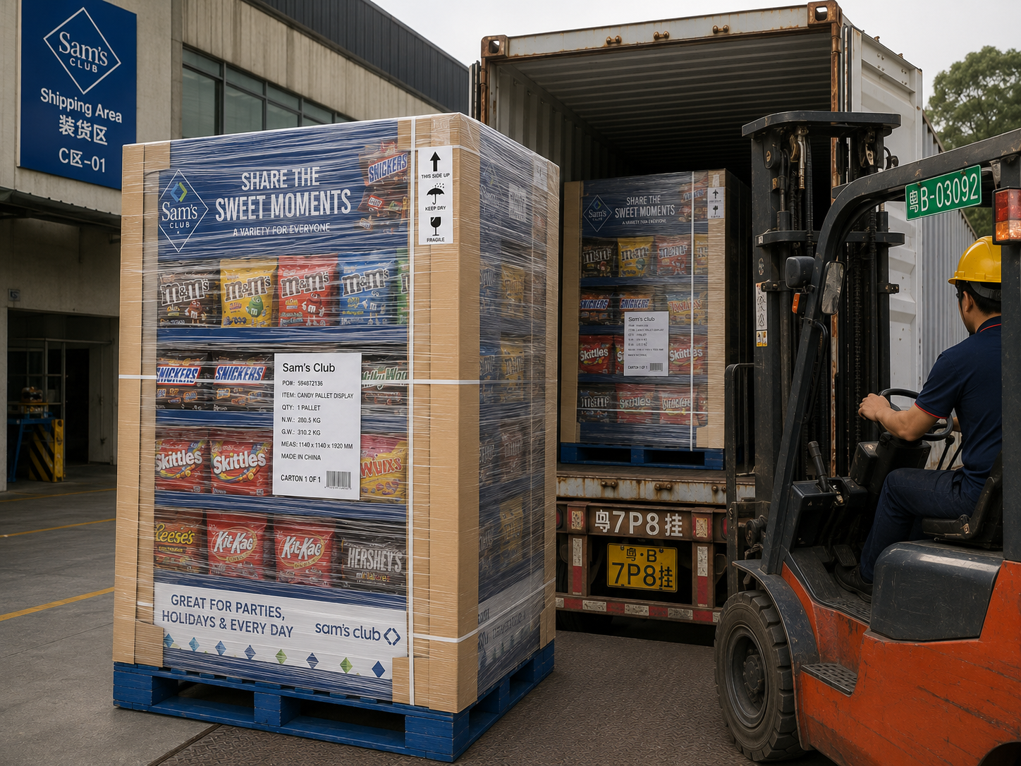Pre-filled Sam's Club pallet display being loaded into a container at the factory showing stretch wrap, corner boards, and labels.