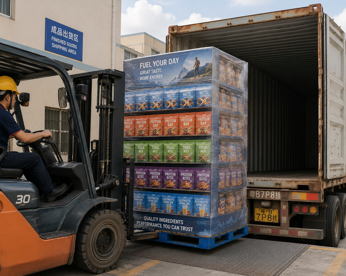 Pre-filled pallet display being moved by forklift from factory to container showing fully assembled and product-loaded unit.