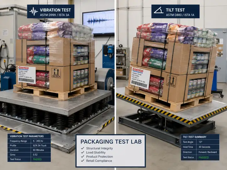 Product-loaded Costco pallet display undergoing structural testing showing vibration test equipment and tilt test setup.