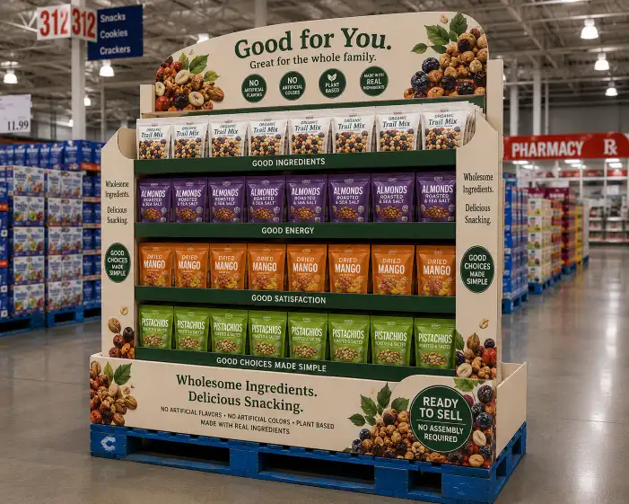 Retail-ready pallet display on a club store floor showing pre-filled product, printed pallet skirt, and header card with no additional assembly required.
