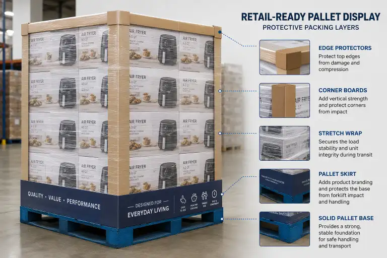 Retail-ready pallet display packing layers showing stretch wrap, corner boards, edge protectors, and pallet skirt placement.