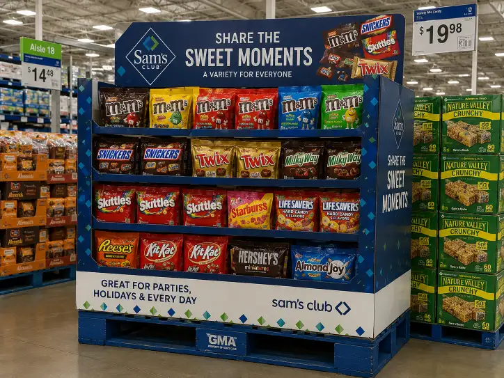 Sam's Club pallet display on a GMA pallet base in a warehouse club aisle showing printed pallet skirt and header card.