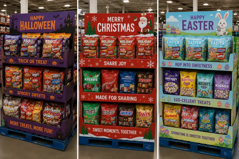 Seasonal candy displays at a club store showing Halloween, Christmas, and Easter pallet displays with different color themes and tray configurations.