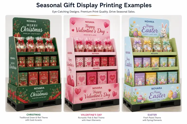 Seasonal gift display printing examples showing Christmas, Valentine's Day, and Easter pallet displays with different color themes and litho-lamination print quality.
