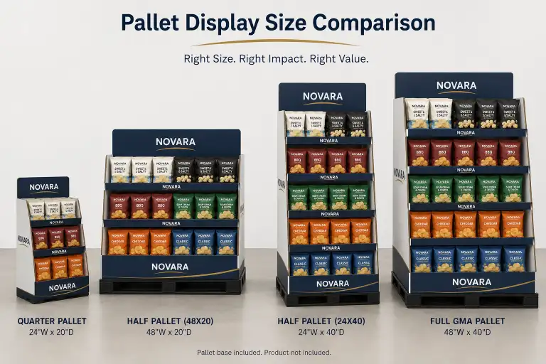 Size comparison showing quarter pallet, half pallet (48x20), half pallet (24x40), and full GMA pallet displays side by side.
