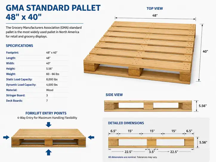 Standard GMA pallet dimensions diagram showing 48x40 inch footprint with forklift entry points.