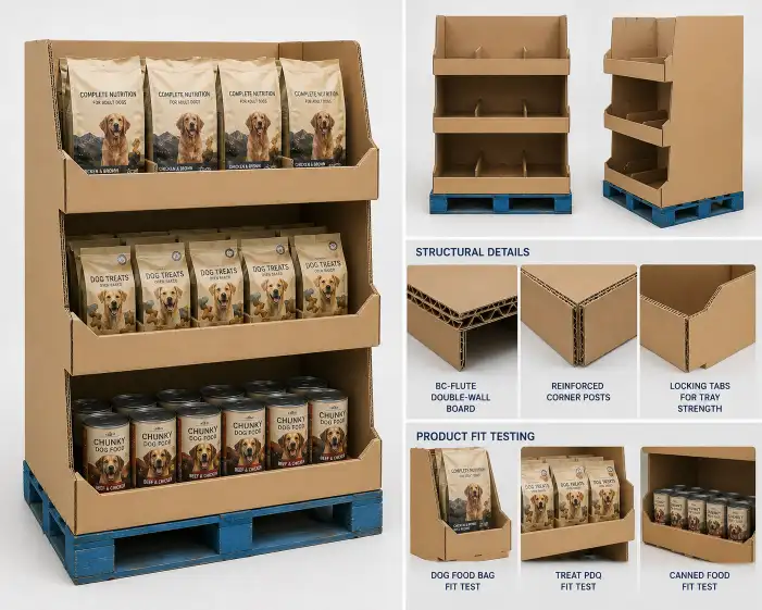 Structural blank sample of a Costco pallet display showing unprinted corrugated board with product fit testing in the trays