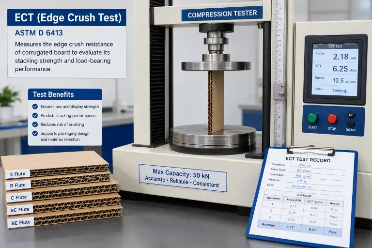 Structural testing equipment in a display factory showing ECT compression test being performed on corrugated board.