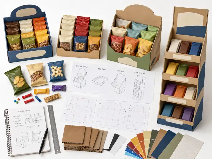 Snack and candy cardboard display options compared on planning table