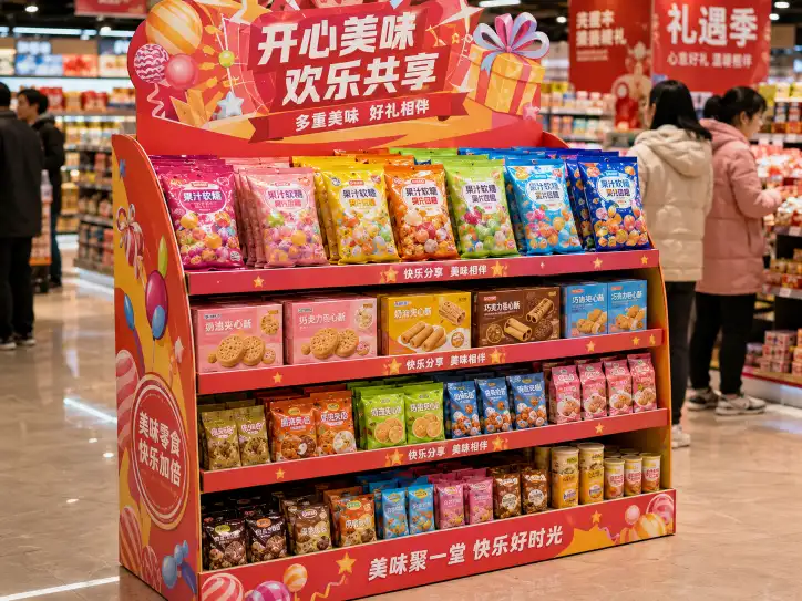 Promotional cardboard display for snacks and candy with strong retail presence