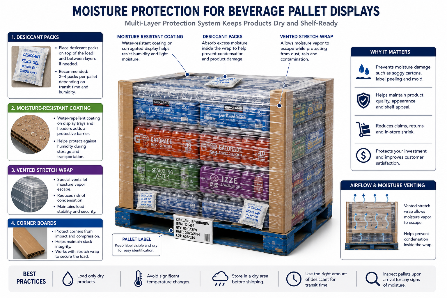 Moisture protection diagram showing desiccant packs, moisture-resistant coating, and vented stretch wrap on a beverage pallet display
