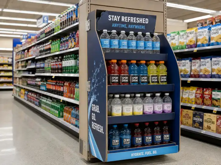 A reinforced cardboard power wing display with bottled drinks attached to a retail endcap