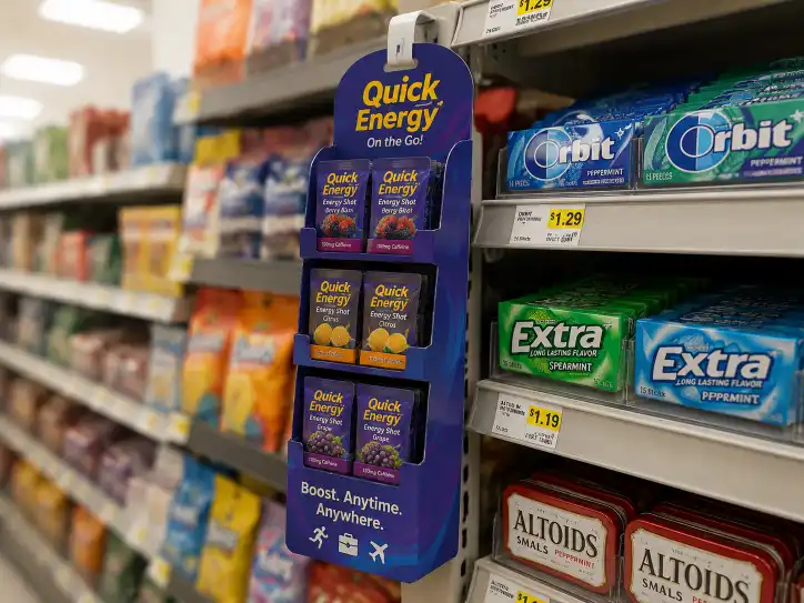 A standard cardboard sidekick display hanging from a retail shelf with small impulse products.