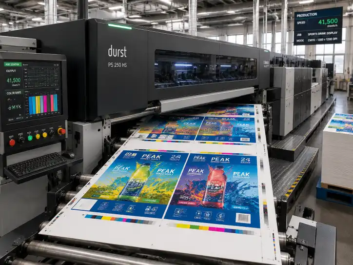 High-speed digital printing press running full-color CMYK corrugated sheets for retail display production