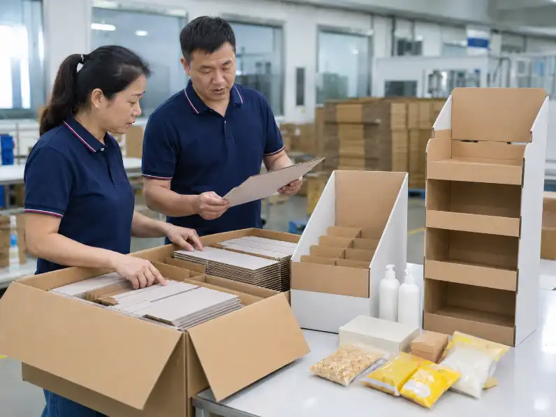 Chinese staff comparing flat-pack and semi-assembled cardboard displays