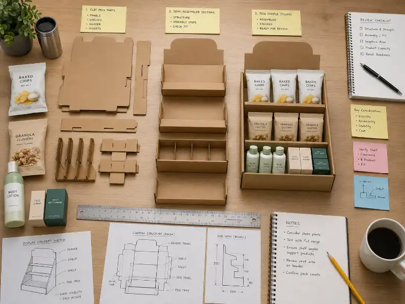Comparison of flat-pack semi-assembled and pre-filled display formats