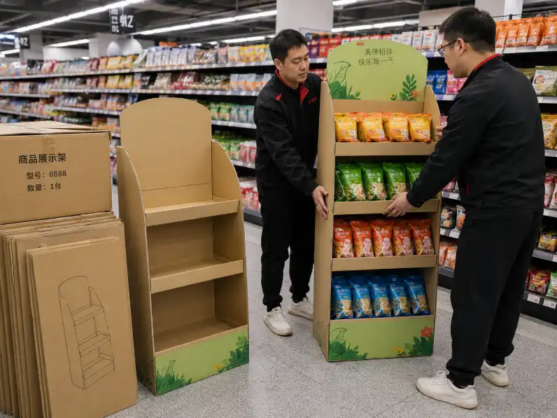 Chinese retail staff placing pre-filled cardboard display in store