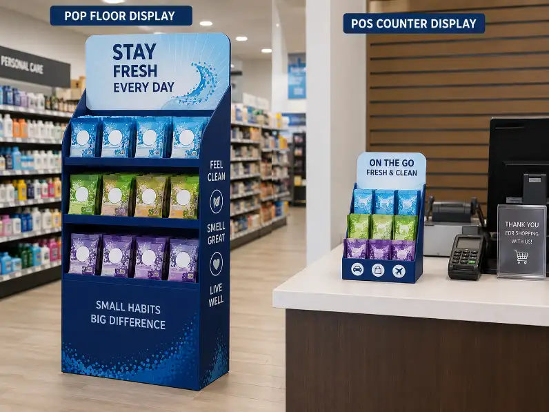 A side-by-side comparison of a large POP floor display and a small POS counter display in a retail store