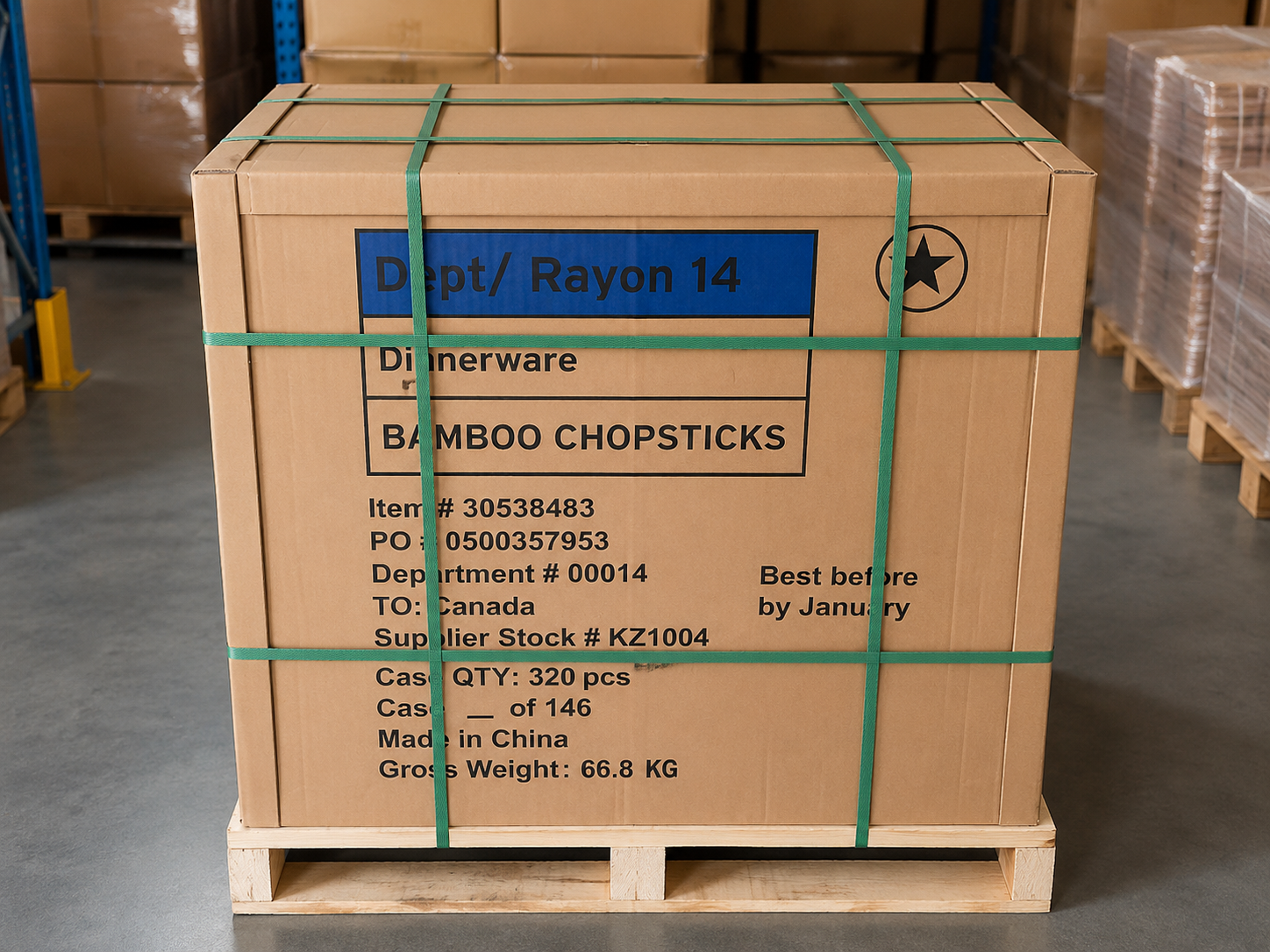 Stretch-wrapped GMA 48x40 pallet with clear wrap secured to the pallet base, single SKU load.