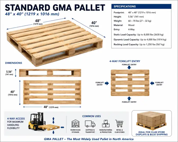 Standard GMA pallet dimension diagram showing 48x40 inch footprint with four-way forklift entry points.