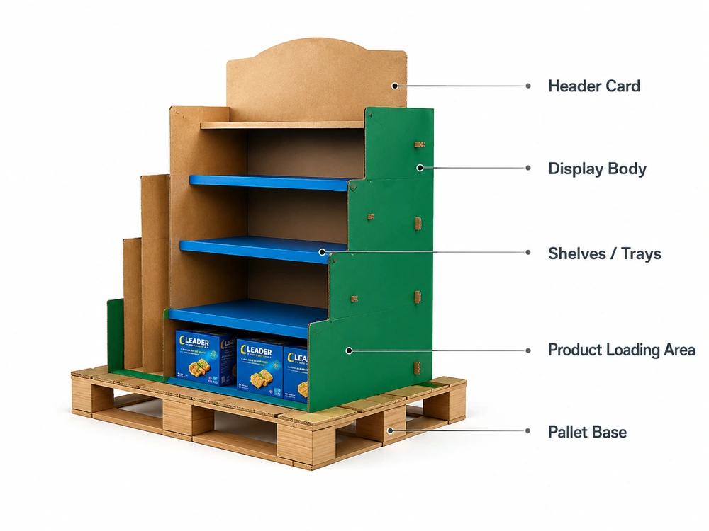 Custom cardboard pallet display structure with shelves, product area and pallet base