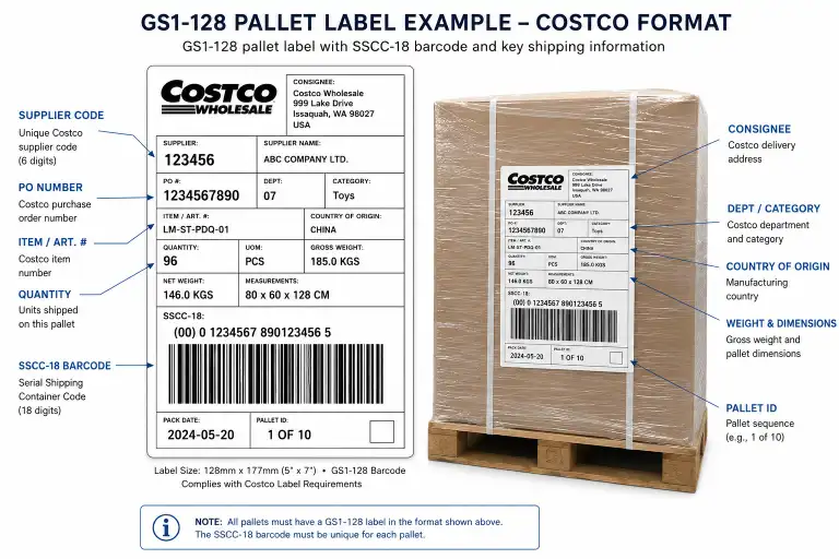 GS1-128 pallet label example showing correct Costco label format with SSCC-18 barcode, supplier code, PO number, and quantity fields.
