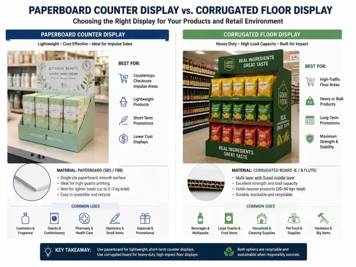 Comparison of paperboard counter display and corrugated floor display showing the appropriate applications for each material type