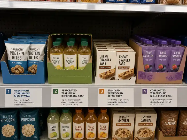 Four common types of shelf ready packaging trays and cases in a retail shelf setting.