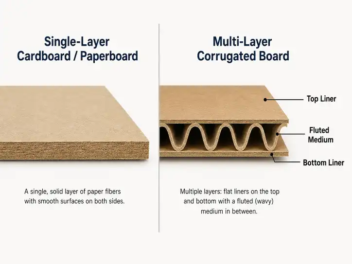 Side-by-side cross section comparison of single-layer cardboard paperboard and multi-layer corrugated board showing the fluted middle layer.