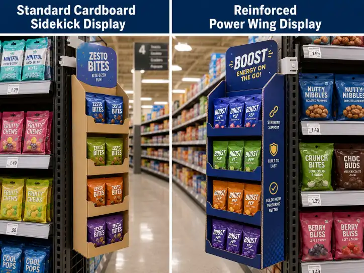 A side-by-side comparison of a standard cardboard sidekick display and a reinforced power wing display in a retail aisle.