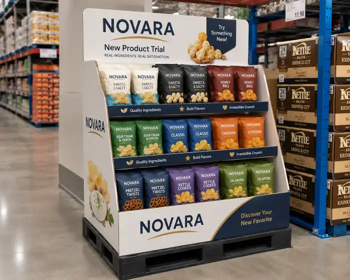 New product trial half pallet display on a club store endcap showing a compact branded unit with product samples.
