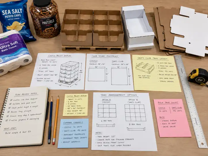 Top-down planning table with Costco and Sam’s Club pallet display layout notes