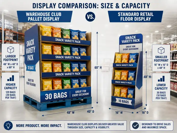 Comparison of a warehouse club pallet display versus a standard retail floor display showing size and capacity differences.