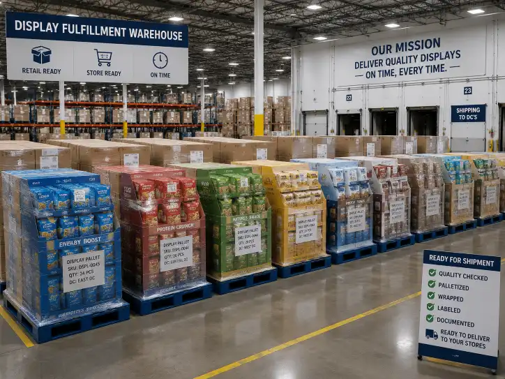 Display fulfillment warehouse showing palletized retail displays ready for shipment to store distribution centers.