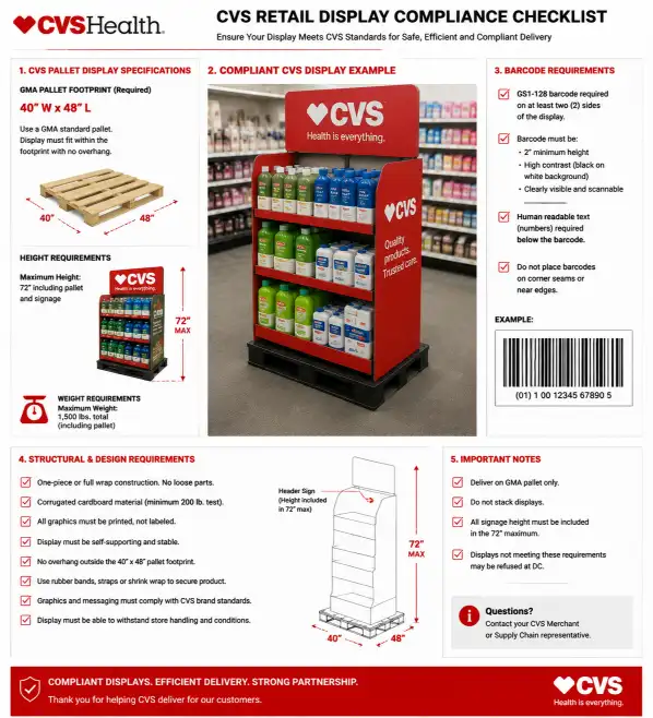 CVS retail display compliance checklist showing pallet dimension specifications 40x48 GMA footprint with height labels and barcode requirements on a compliant display