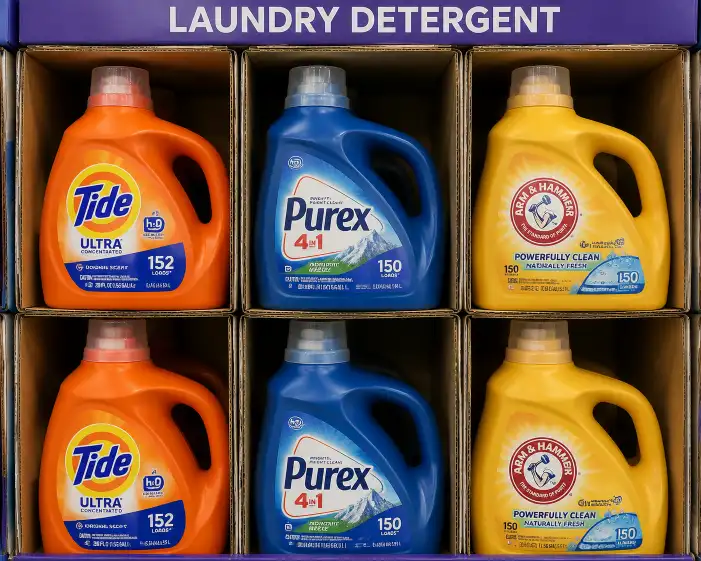 Close-up of laundry detergent bottles in individual leak-proof compartments with cap-up orientation